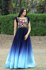 Multi Thread Work Blue Color Double Tone Gown