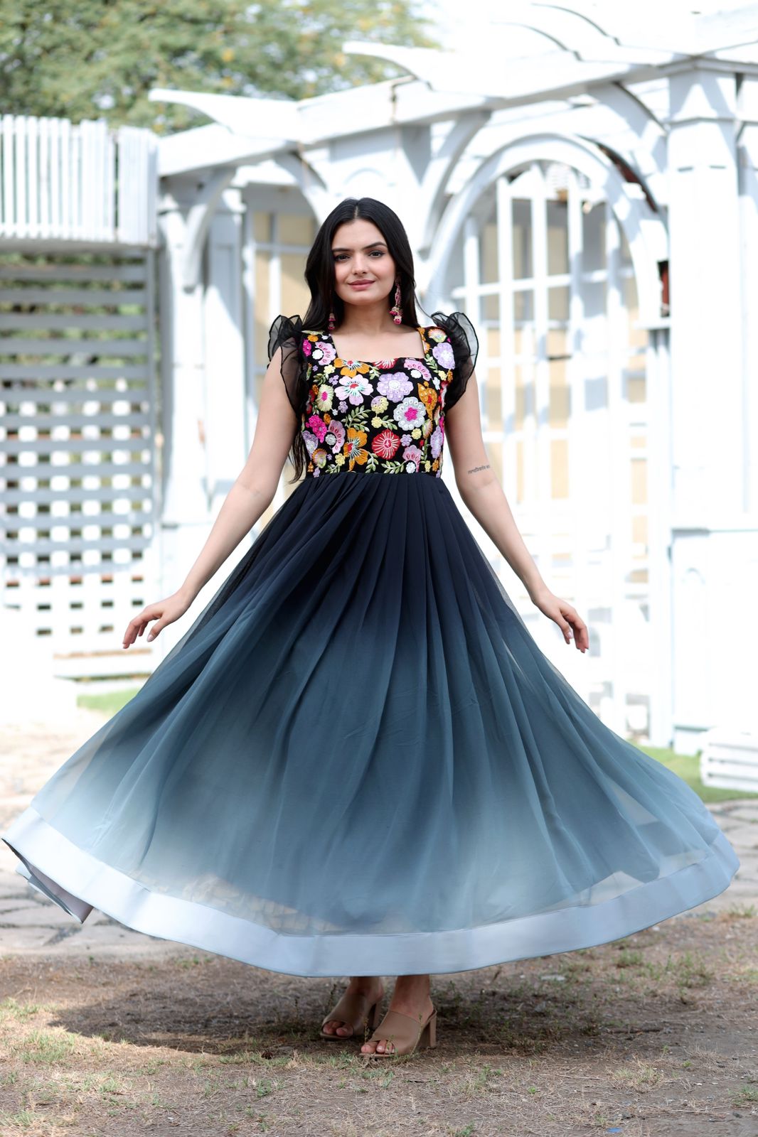 Multi Thread Work Black Color Double Tone Gown