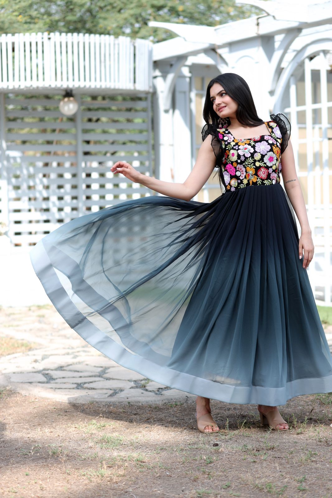 Multi Thread Work Black Color Double Tone Gown