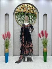 Lace Broder Work Black Color Flower Print Gown
