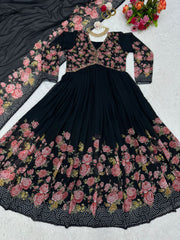 Lace Broder Work Black Color Flower Print Gown