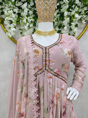 Hand Work With Digital Print Dusty Pink Color Alia Cut Gown