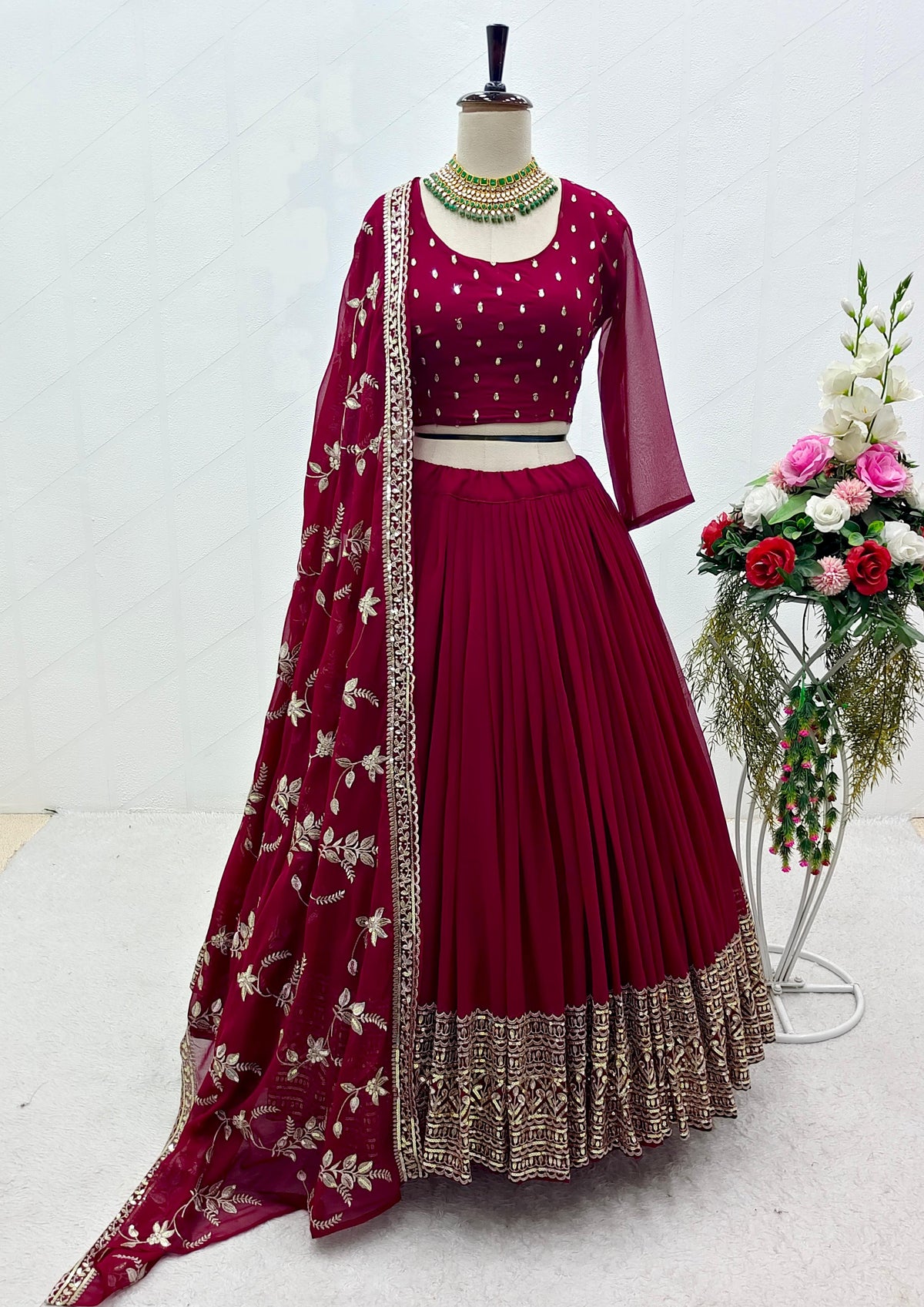 Ceremony Wear Maroon Color Embroidery Work Lehenga Choli