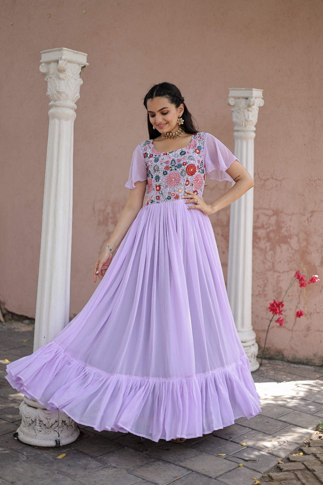 Bell Sleeve Lavender Color Multi Thread Work Ruffle Gown