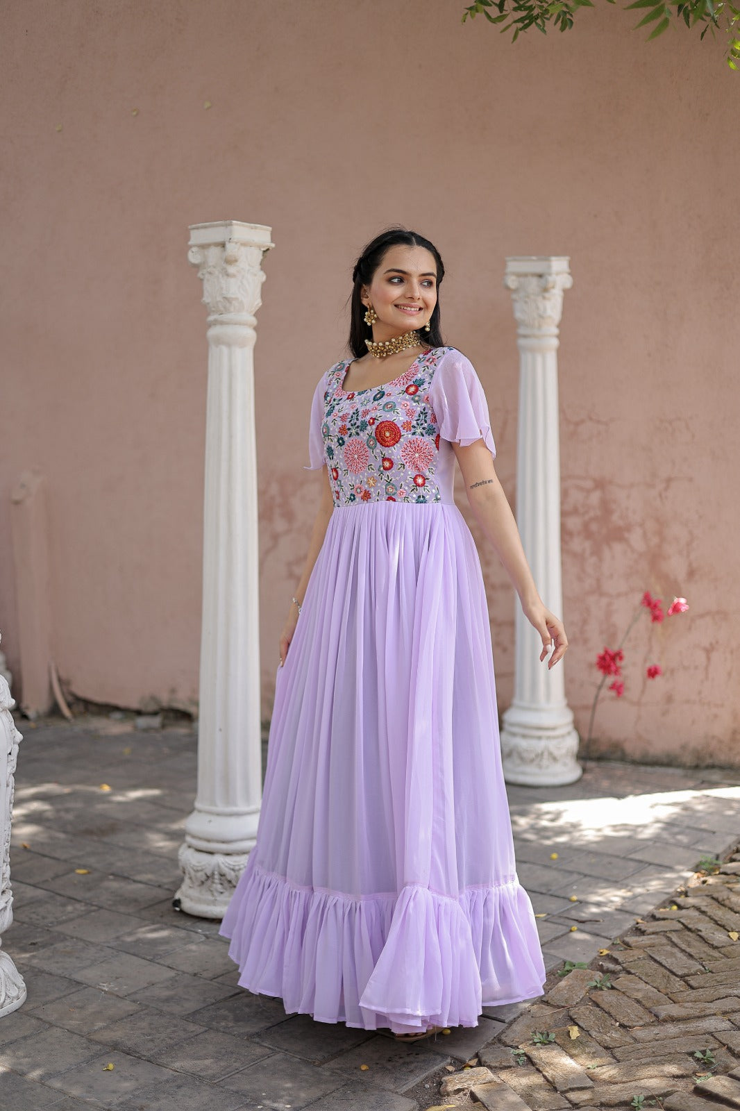 Bell Sleeve Lavender Color Multi Thread Work Ruffle Gown