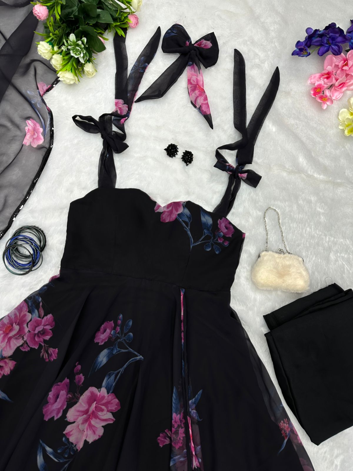 Stylish Black Color Printed Sleeveless Gown With Dupatta