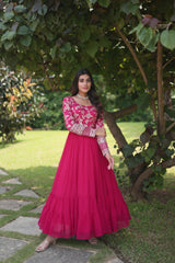 Exclusive Jacquard With Sequence Work Pink Color Gown