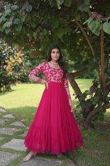 Exclusive Jacquard With Sequence Work Pink Color Gown