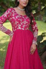 Exclusive Jacquard With Sequence Work Pink Color Gown