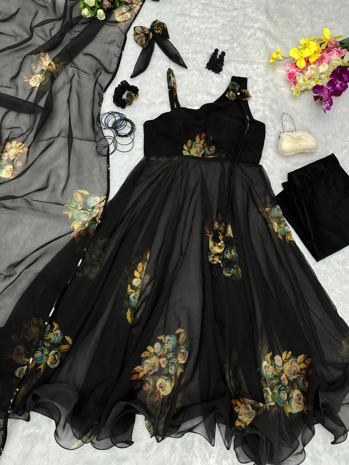 Party Wear Black Color Flower Print Anarkali Suit