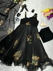 Party Wear Black Color Flower Print Anarkali Suit