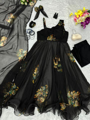 Party Wear Black Color Flower Print Anarkali Suit