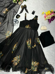 Party Wear Black Color Flower Print Anarkali Suit