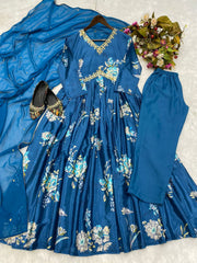 Royal Blue Embroidery Sequence Work Nayra Cut Kurti Pair