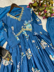 Royal Blue Embroidery Sequence Work Nayra Cut Kurti Pair
