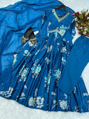 Royal Blue Embroidery Sequence Work Nayra Cut Kurti Pair