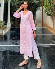 Classic Baby Pink Color Georgette Sequence  Embroidery Work Suit