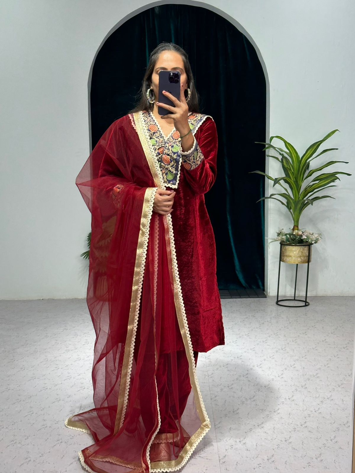 Preferable Maroon Color Jacquard Border Velvet Salwar Suit