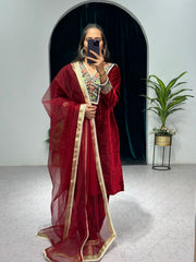 Preferable Maroon Color Jacquard Border Velvet Salwar Suit