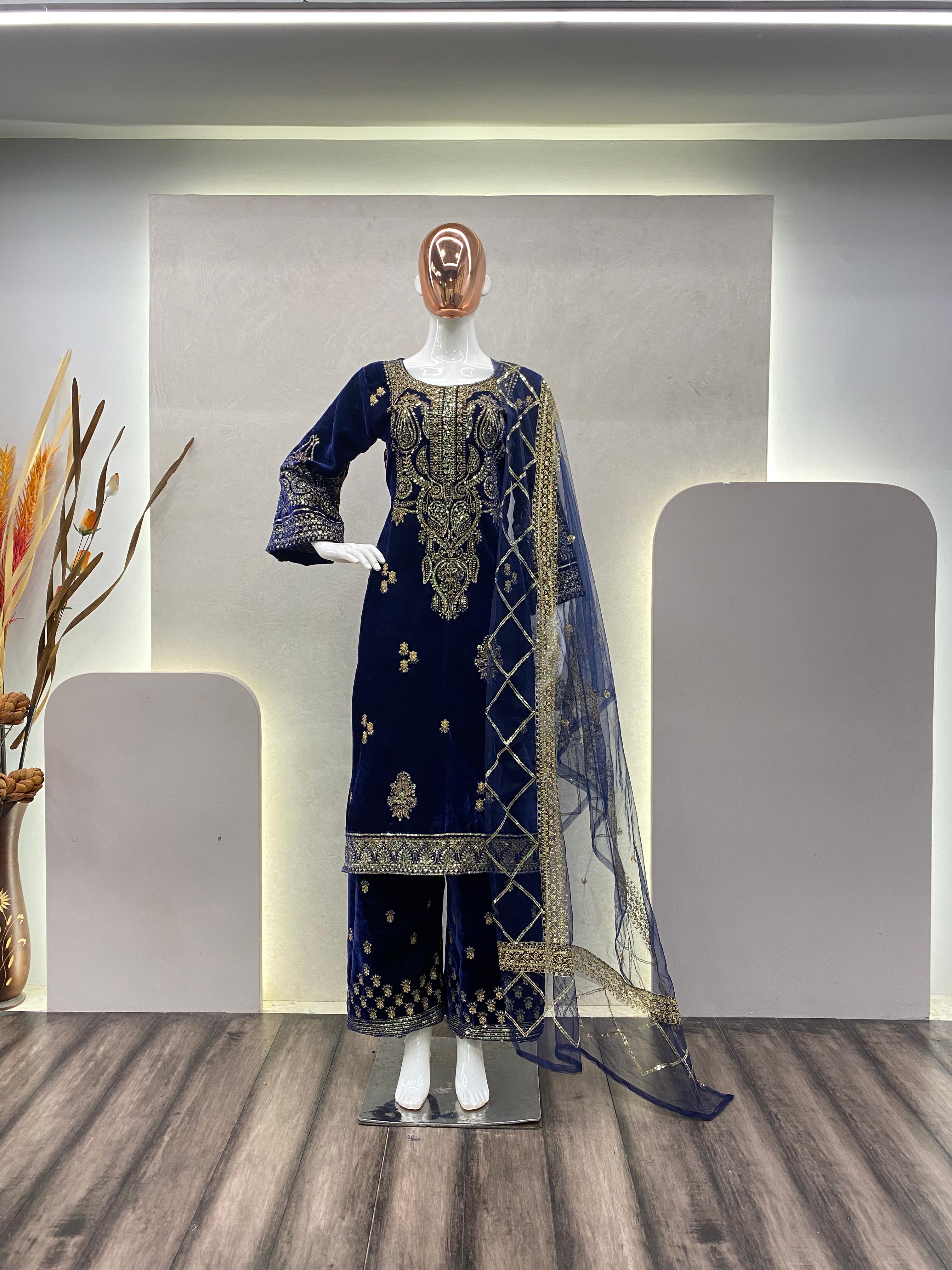 Stunning Blue Color Georgette Sequence Embroidery Work Suit