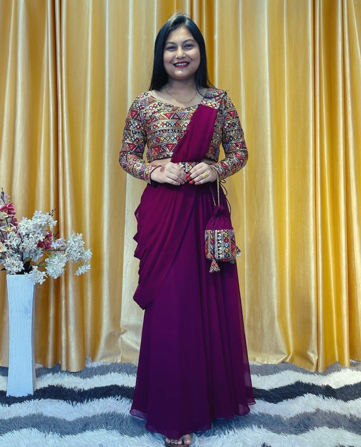 Wine Color Designer Lehenga Saree