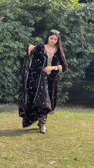 Captivating  Black Color Velvet Embroidery Sequence Work Anarkali Suit
