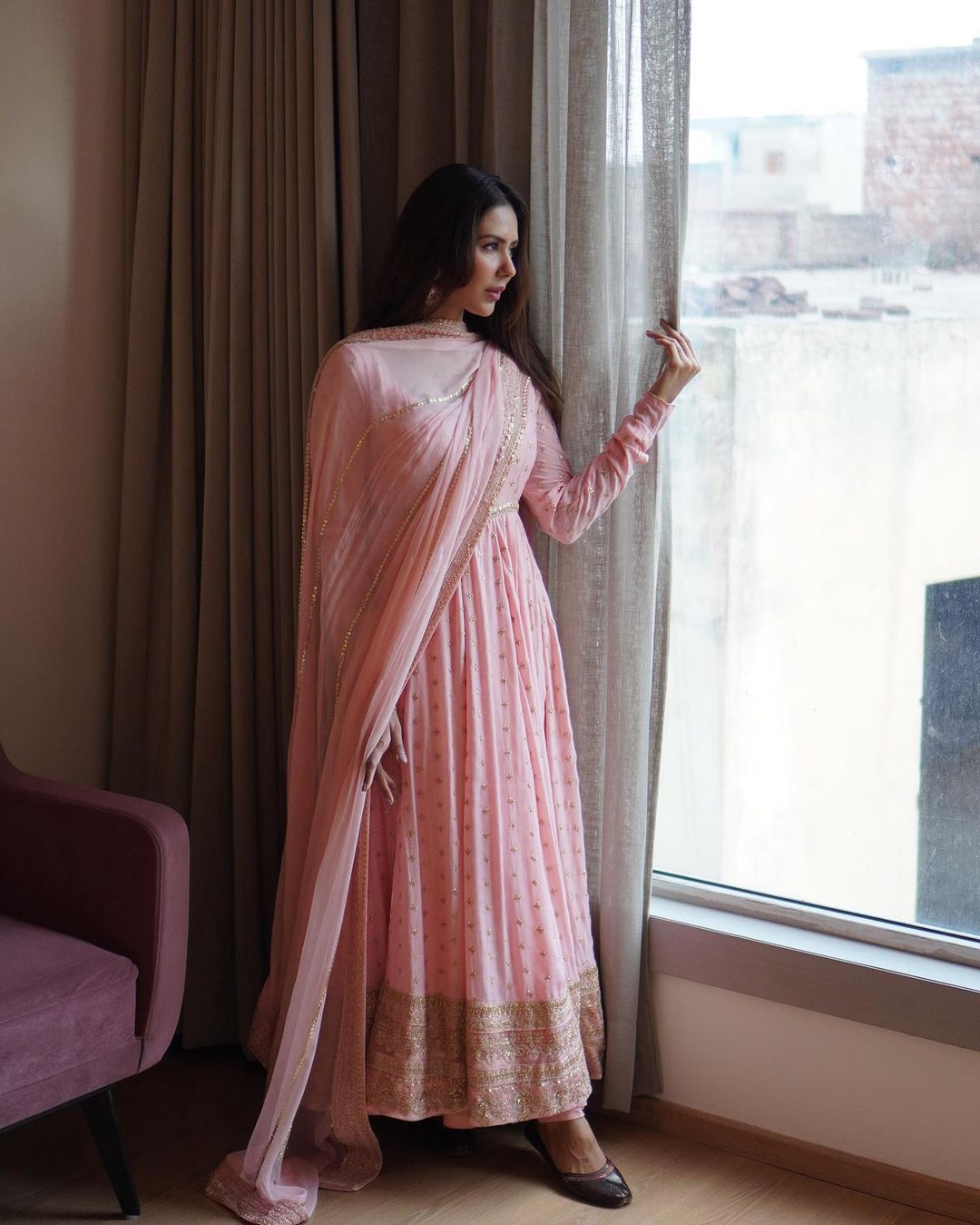 Glimmering  Pink Color  Embroidery Sequence Work Gown
