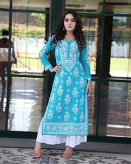 Glorious Blue Color Chinestich work Suit