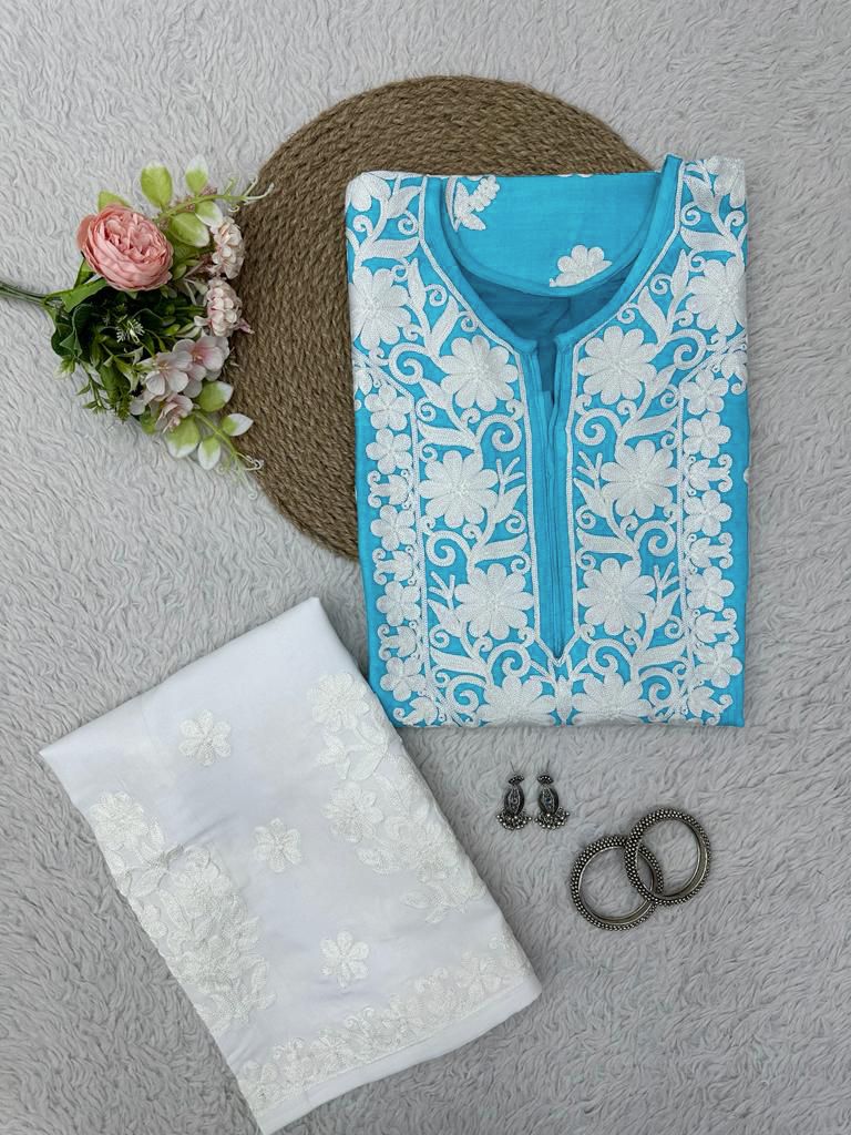 Glorious Blue Color Chinestich work Suit