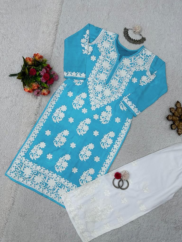 Glorious Blue Color Chinestich work Suit