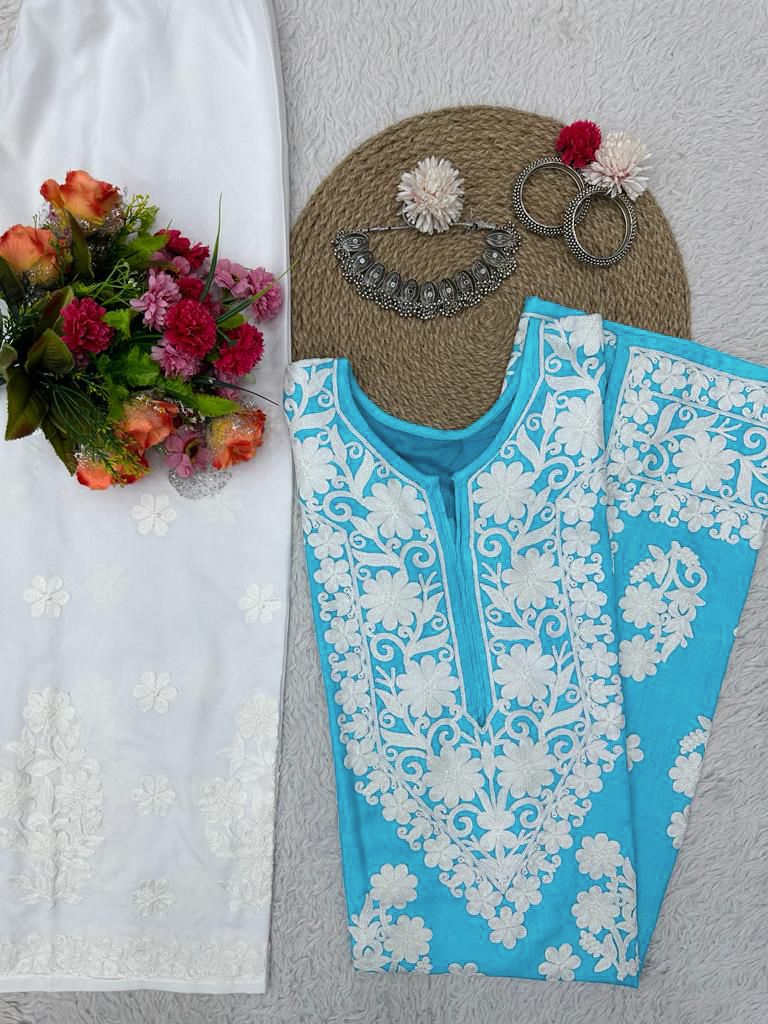 Glorious Blue Color Chinestich work Suit