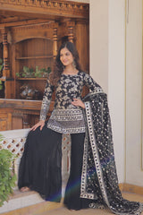 Jacquard Design With Work Black Color Sharara Suit