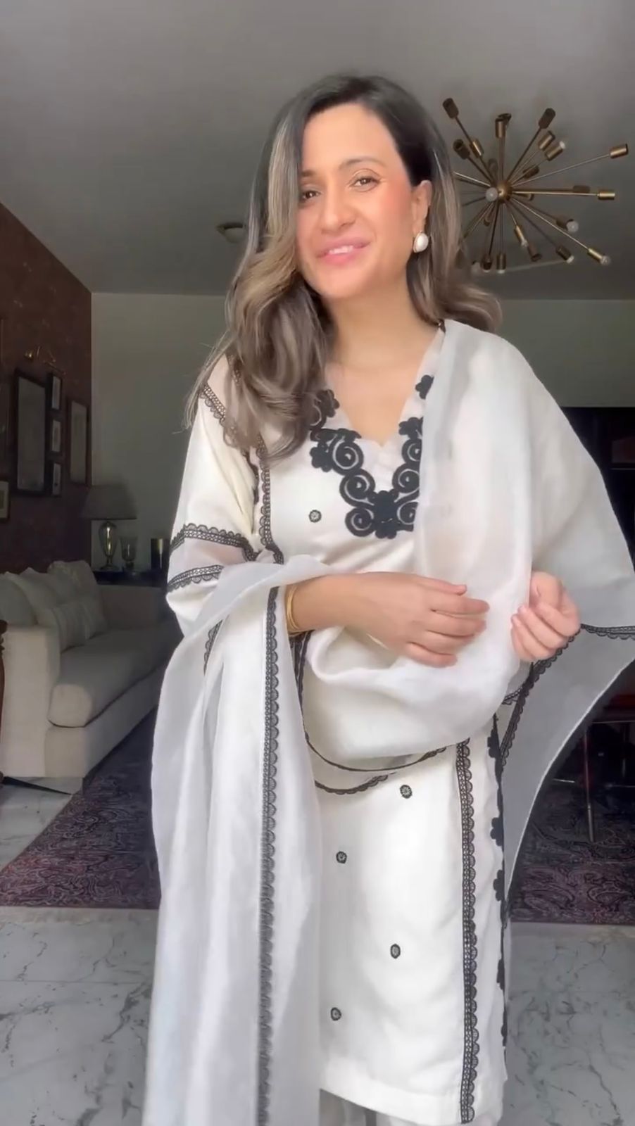 Outstanding  Black And White Color Embroidery Work Sharara Suit