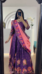 Delightful Chent Crep Kalamkari Print Purple Color Lehenga Choli