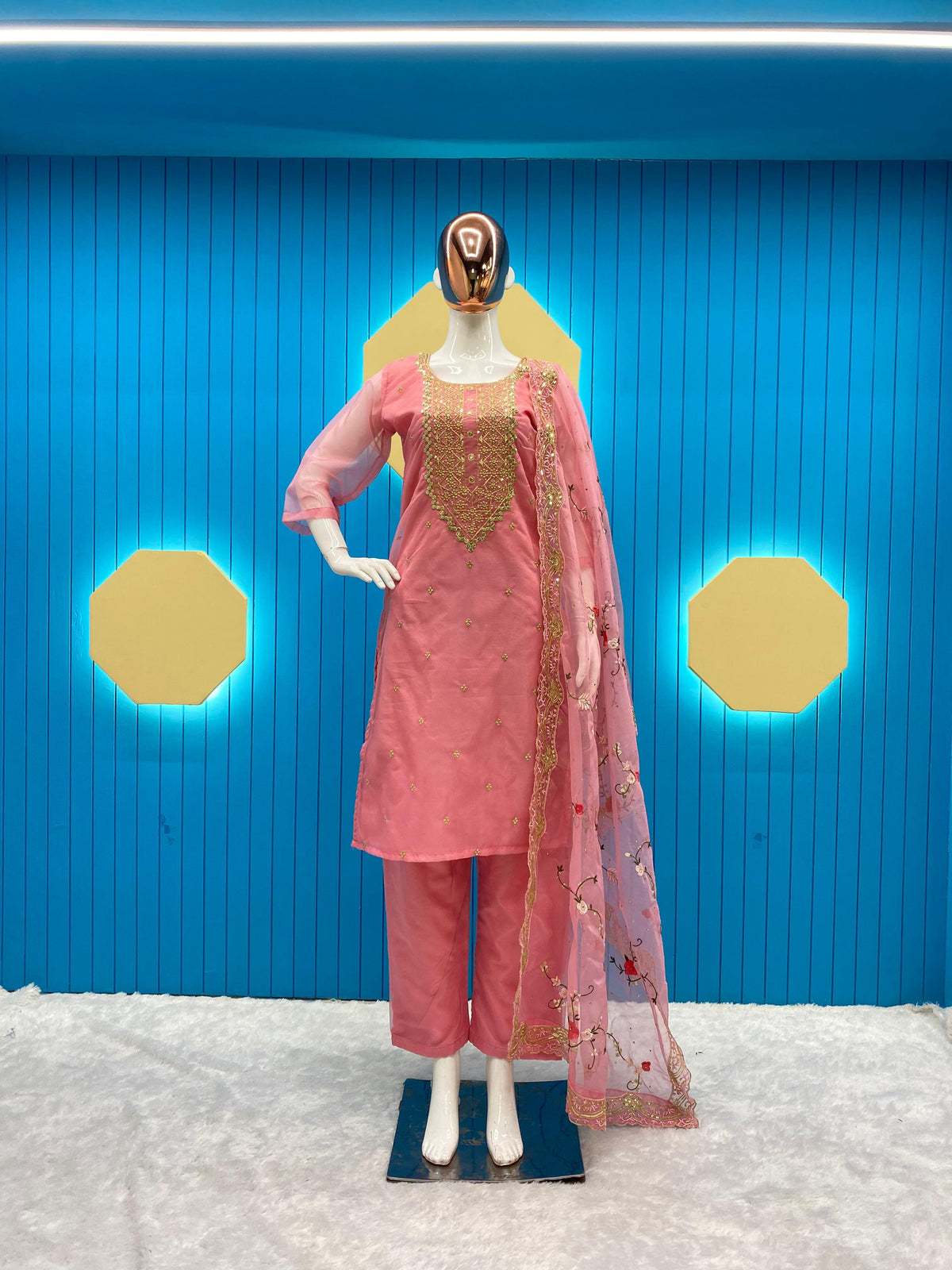 Captivating  Peach Color Sequence Embroidery Work Suit