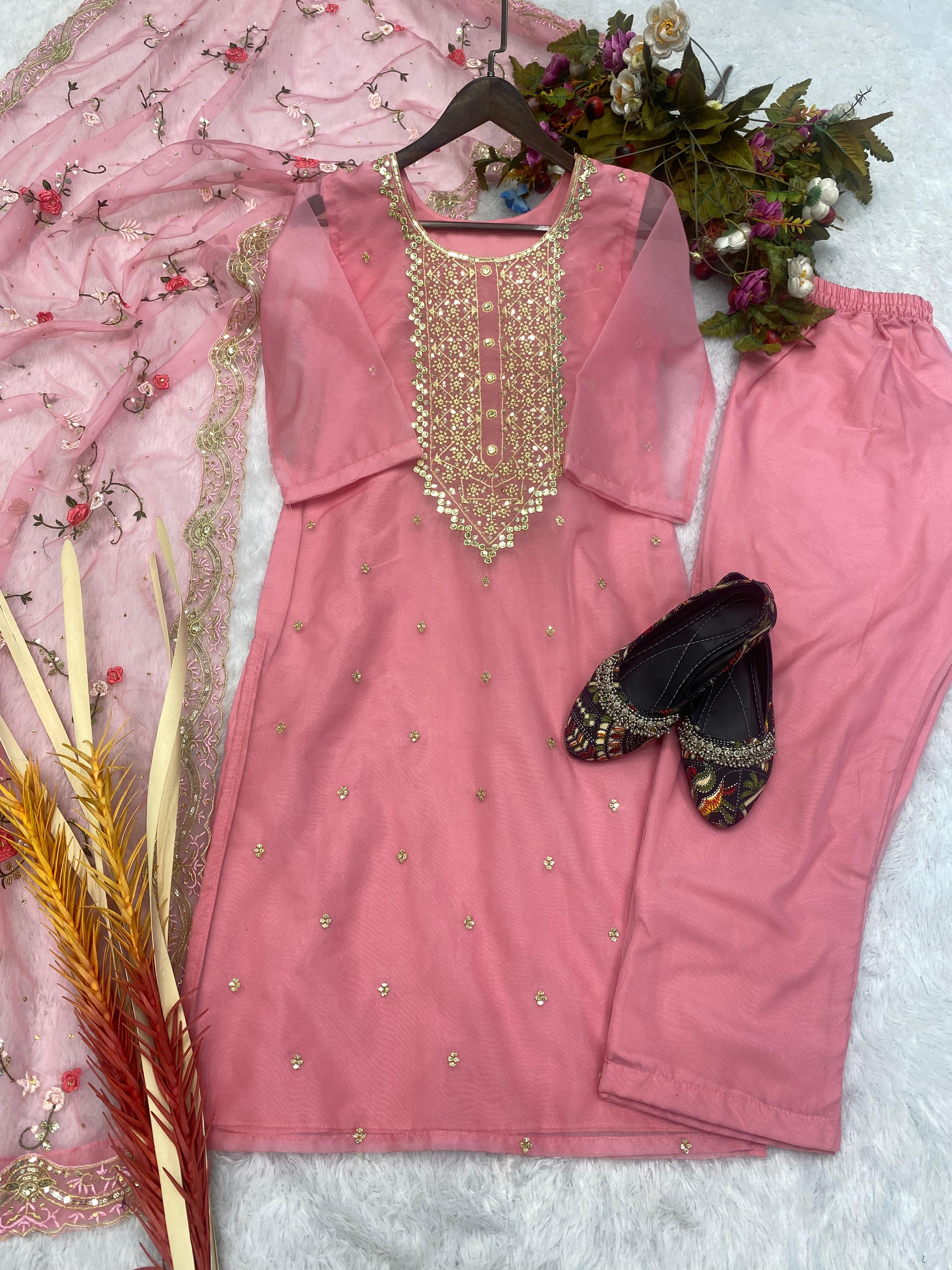 Captivating  Peach Color Sequence Embroidery Work Suit