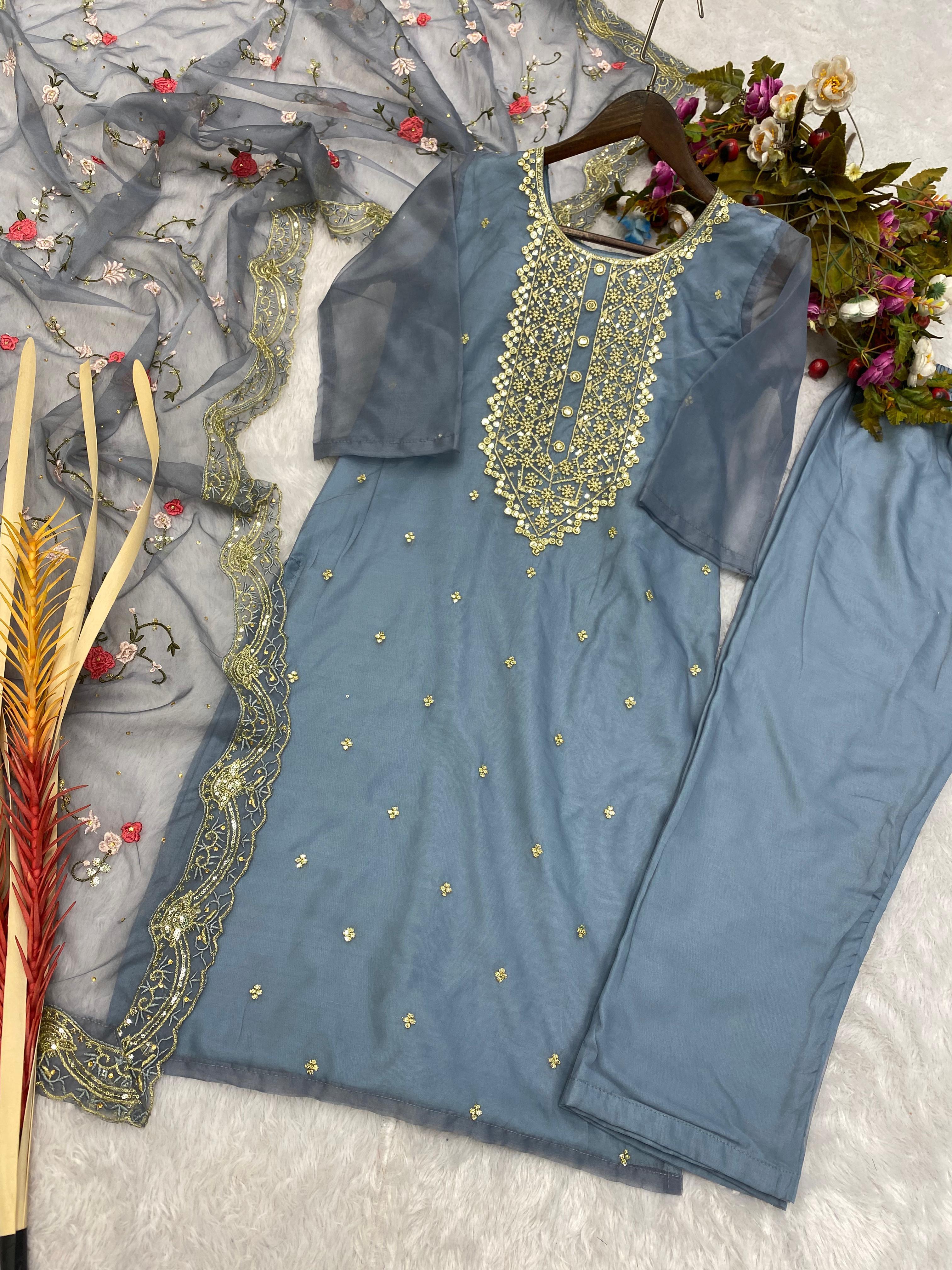 Captivating  Grey Color Sequence Embroidery Work Suit