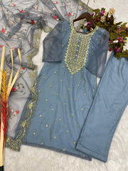 Captivating  Grey Color Sequence Embroidery Work Suit