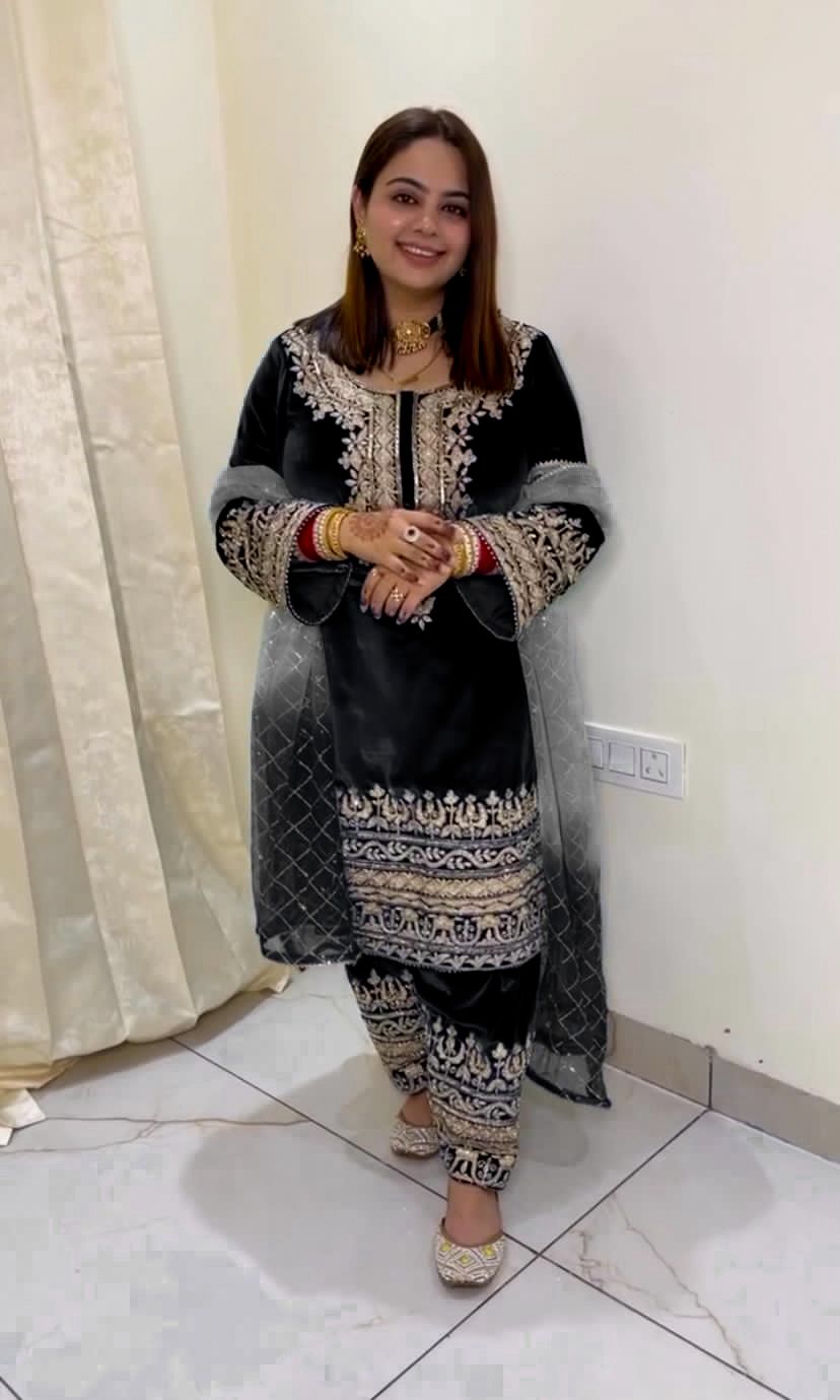 Embellished Embroidery Work Velvet Black Color Salwar Suit