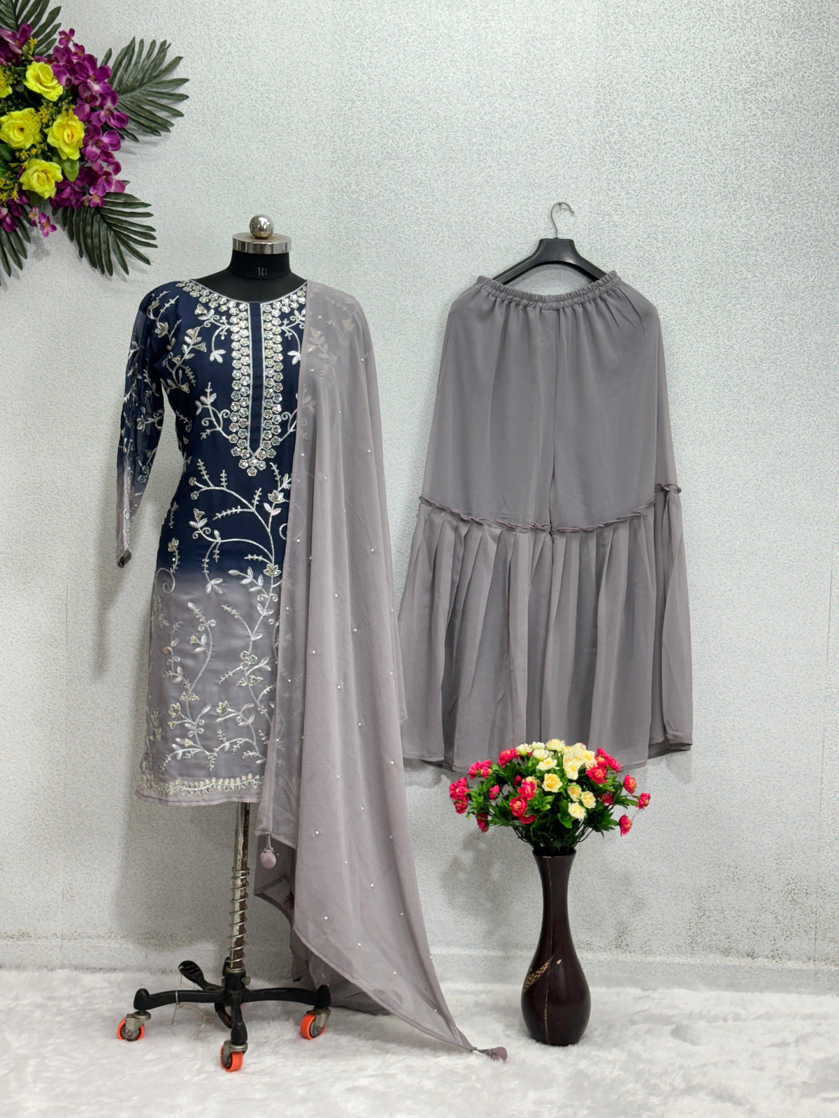 Glimmering Georgette Embroidery Sequences Blue Color Sharara Suit
