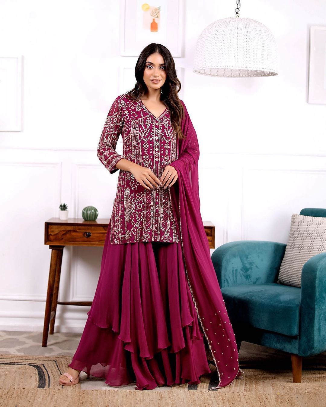 Glimmering  Sequence Embroidery Work Pink Color Sharara Suit