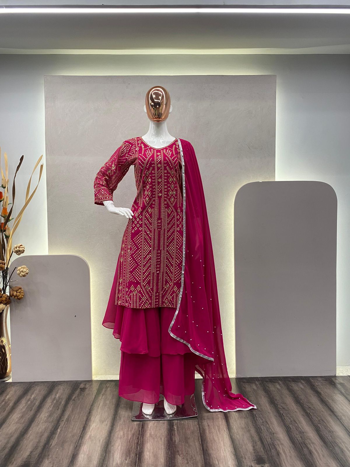 Glimmering  Sequence Embroidery Work Pink Color Sharara Suit