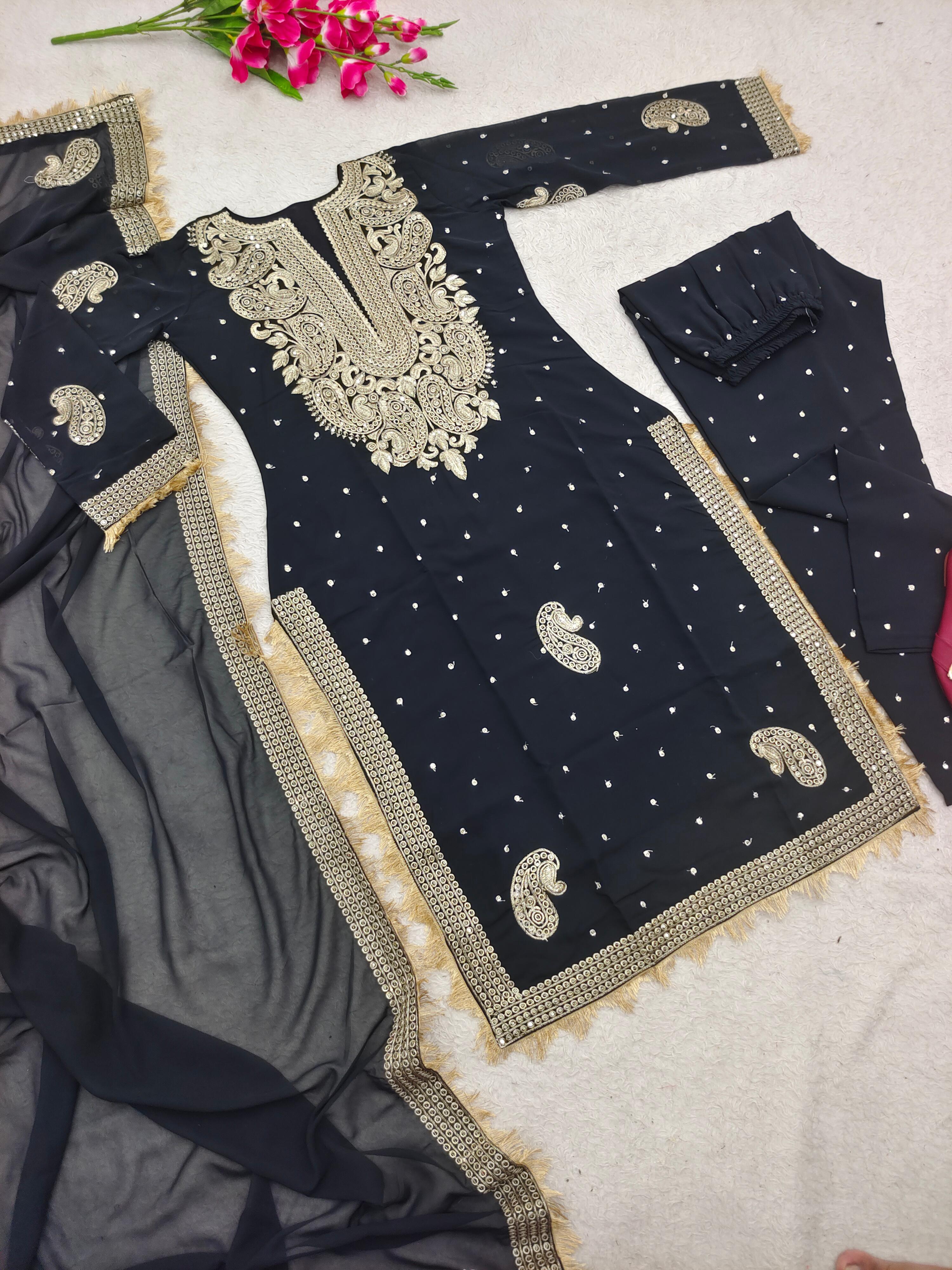 Glimmering  Georgette Sequence Embroidery Work Blue Color Suit