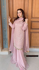 Glimmering  Sequence Embroidery Work Pink Color Sharara Suit