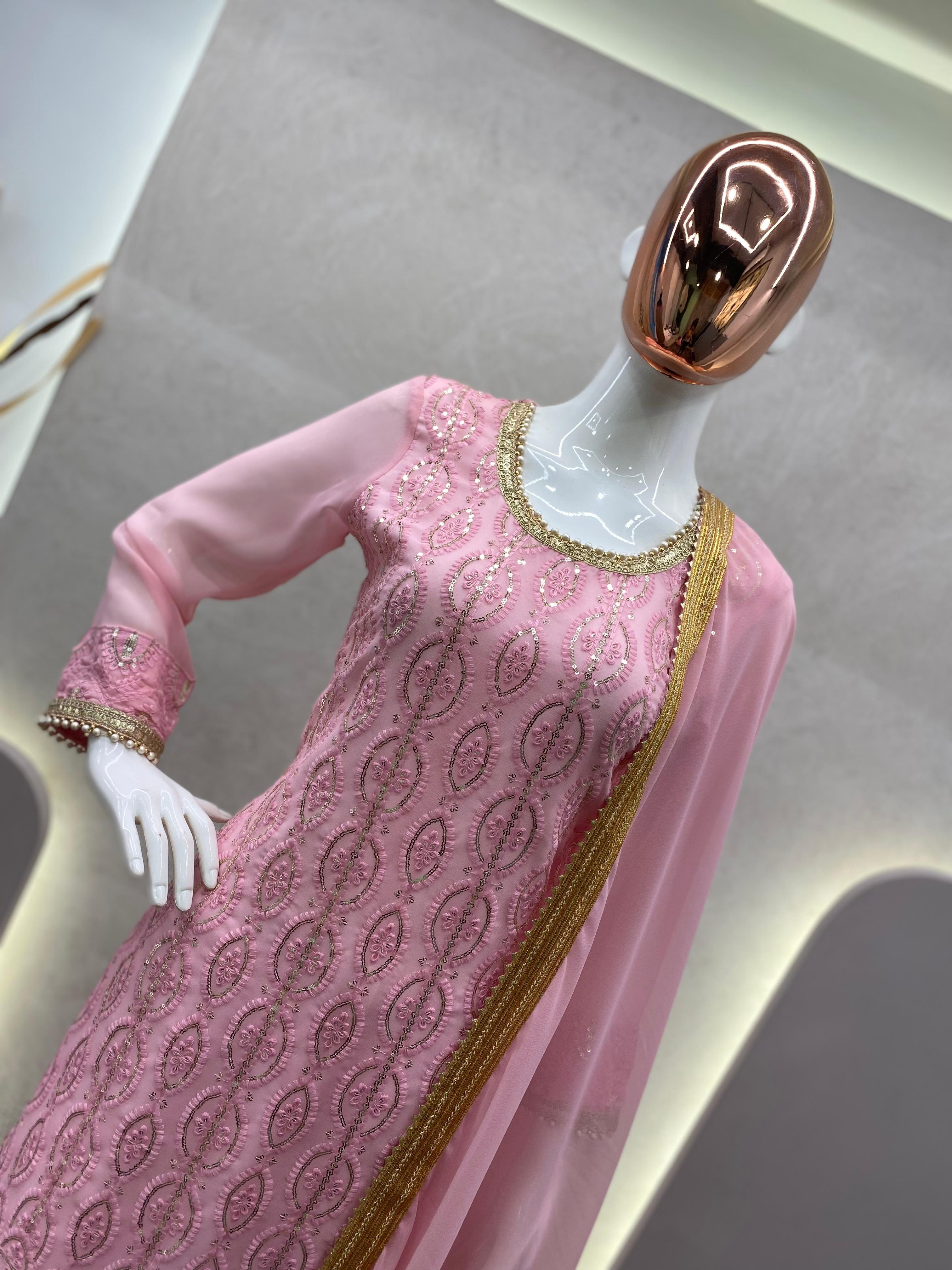 Glimmering  Sequence Embroidery Work Pink Color Sharara Suit