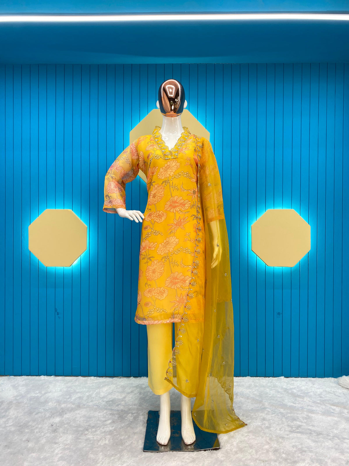 Yellow Color Printed With Sequence Embroidery Work