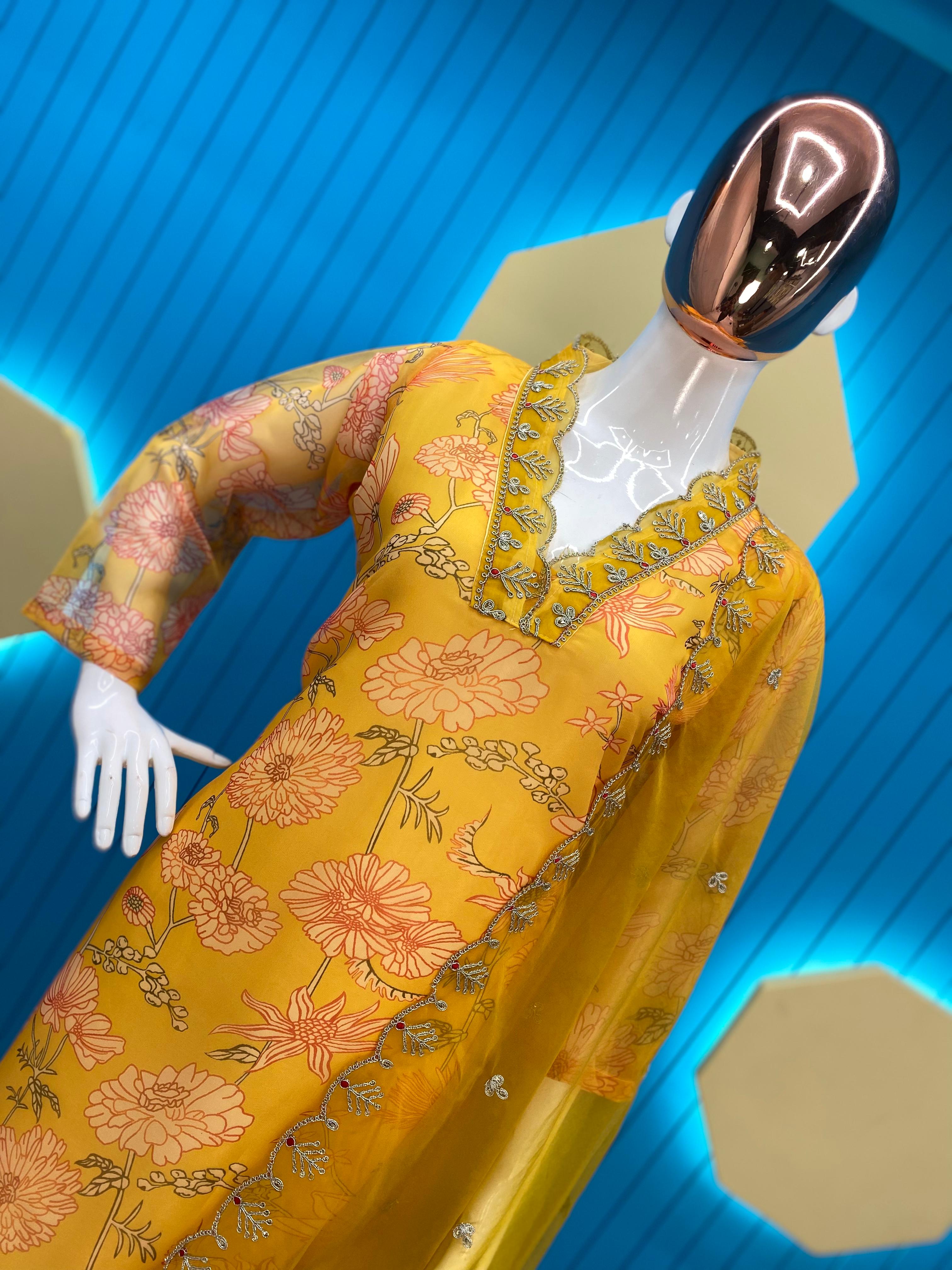 Yellow Color Printed With Sequence Embroidery Work