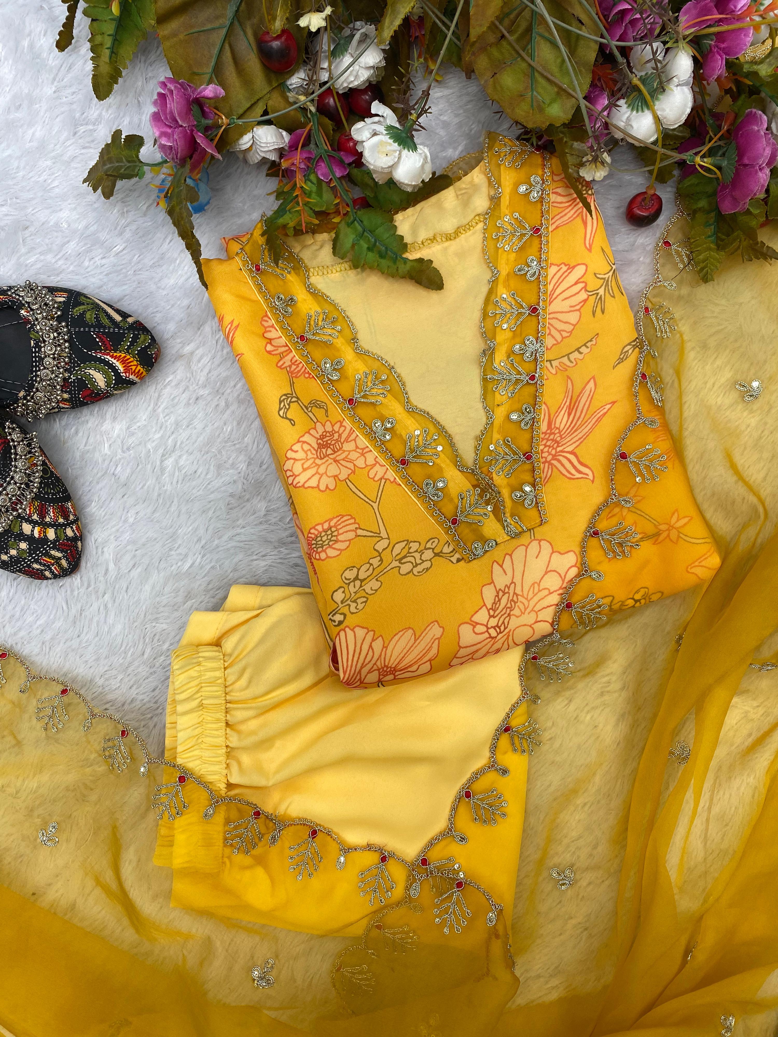 Yellow Color Printed With Sequence Embroidery Work