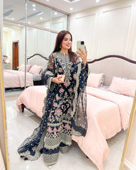 Captivating  Embroidery Sequence Black Color Sharara Suit