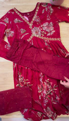 Fantastic Handwork with  and Digital print Red Color Aliya Cut Suit